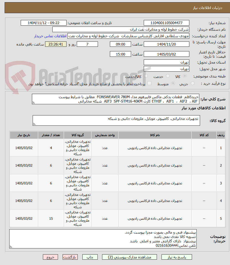 تصویر کوچک آگهی خرید5قلم  قطعات یدکی ماکس فایبرهوم مدل FONSWEAVER 780M  مطابق با شرایط پیوست
 ETHIF ،  AIF1  ،  AIF2  ، AIF کارت AIF3  SPF-STM16-40KM  شبکه مخابراتی 