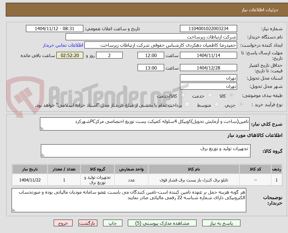 تصویر کوچک آگهی تامین(ساخت و آزمایش تحویل)کوبیکل 4سلوله کمپکت پست توزیع اختصاصی مرکزPCشهرکرد