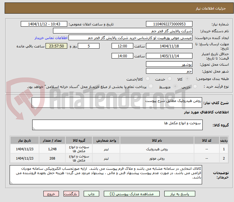 تصویر کوچک آگهی روغن هیدرولیک مطابق شرح پیوست