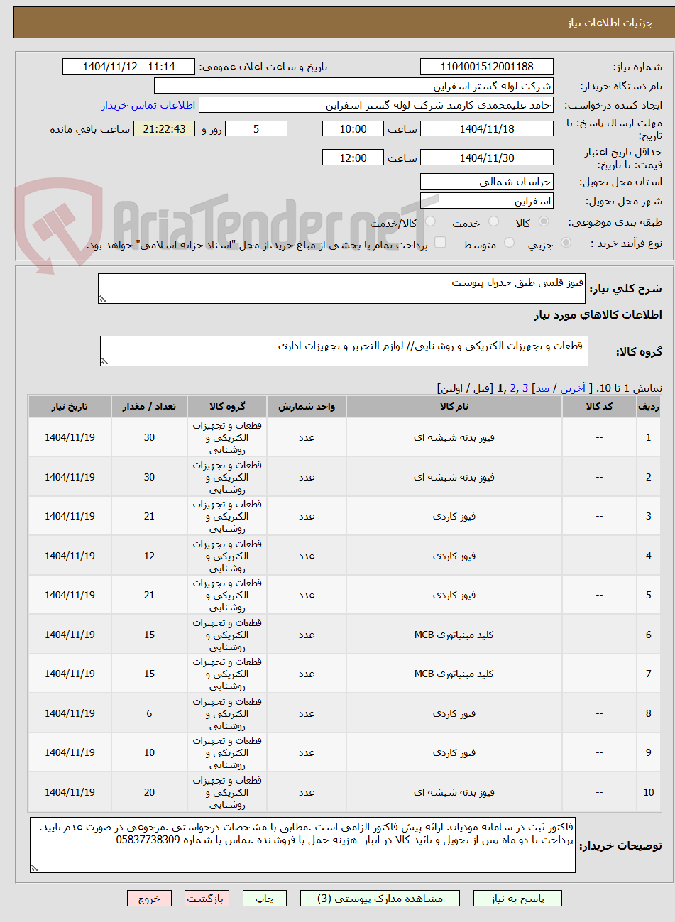 تصویر کوچک آگهی فیوز قلمی طبق جدول پیوست