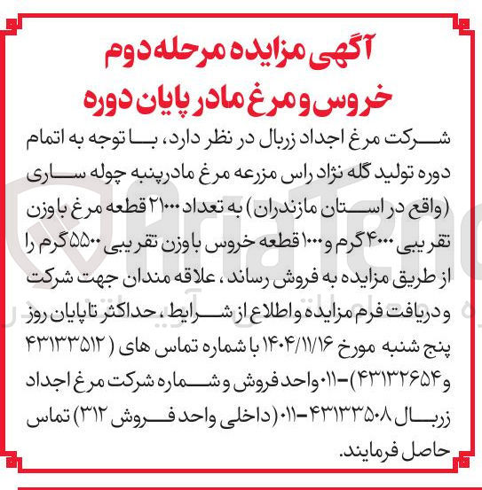 تصویر کوچک آگهی فروش تعداد ۲۰۱۰۰۰ قطعه مرغ با وزن تقریبی ۴۰۰۰ گرم و ۱۰۰۰ قطعه خروس با وزن تقریبی ۵۵۰۰ گرم