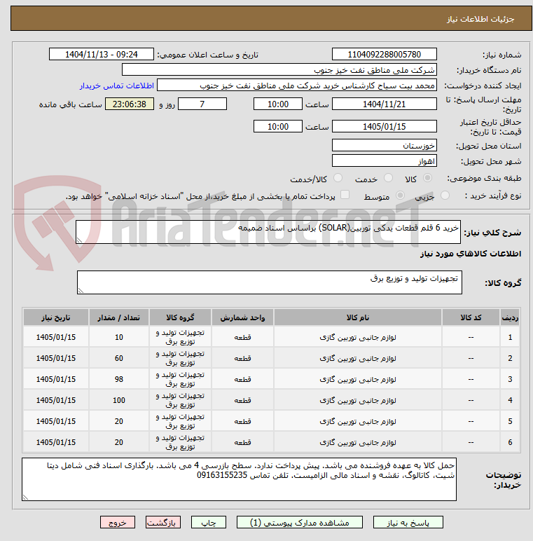 تصویر کوچک آگهی خرید 6 قلم قطعات یدکی توربین(SOLAR) براساس اسناد ضمیمه