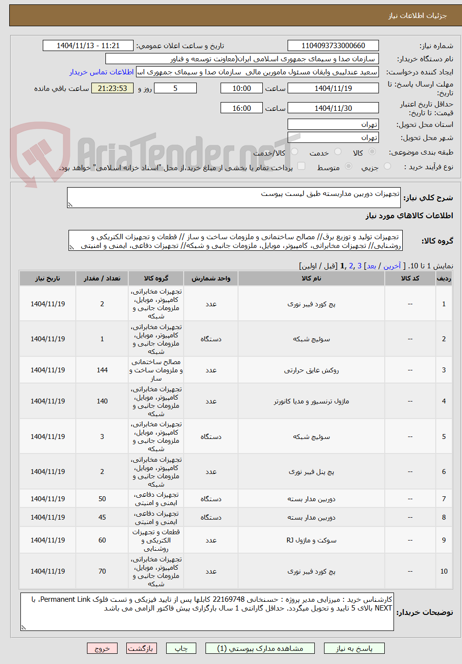 تصویر کوچک آگهی تجهیزات دوربین مداربسته طبق لیست پیوست