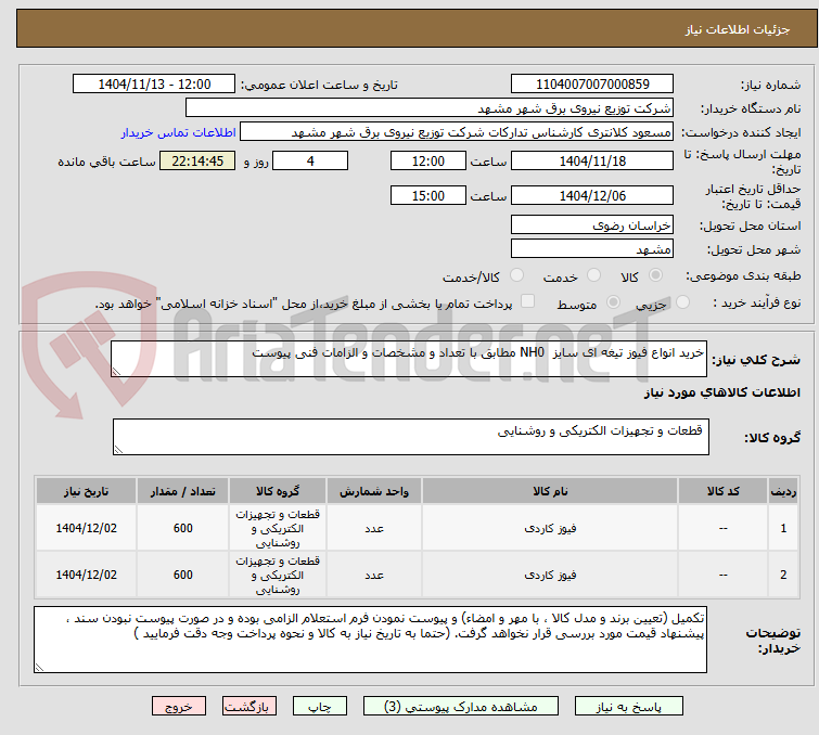 تصویر کوچک آگهی خرید انواع فیوز تیغه ای سایز  NH0 مطابق با تعداد و مشخصات و الزامات فنی پیوست