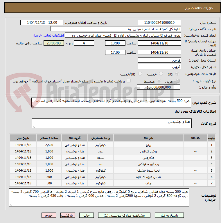 تصویر کوچک آگهی خرید 500 بسته  مواد غذایی به شرح ذیل و توضیحات و فرم استعلام پیوست، ارسال نمونه کالا الزامی است،