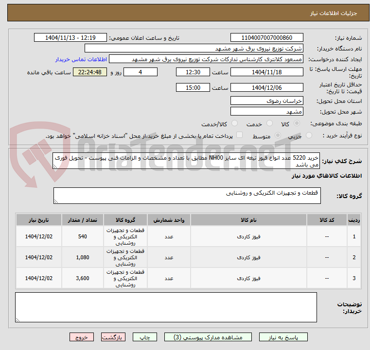 تصویر کوچک آگهی خرید 5220 عدد انواع فیوز تیغه ای سایز NH00 مطابق با تعداد و مشخصات و الزامات فنی پیوست - تحویل فوری می باشد