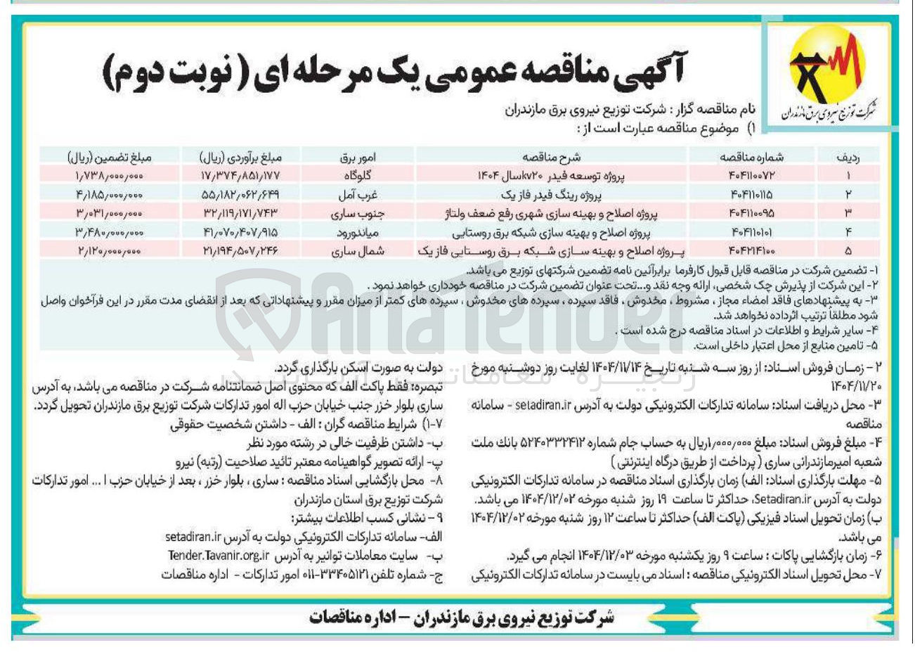 تصویر کوچک آگهی پروژه توسعه فیدر KV20 سال 1404