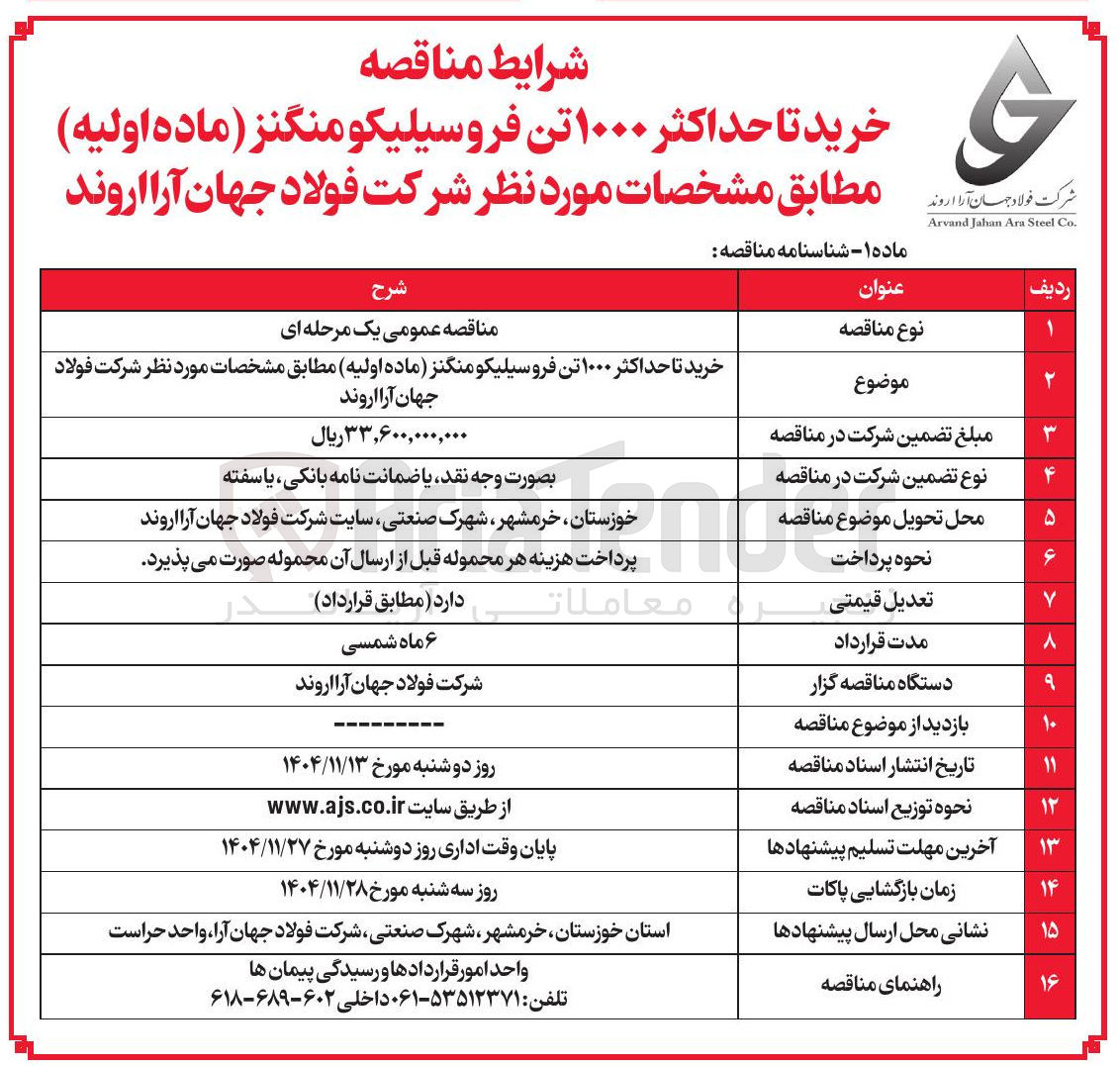 تصویر کوچک آگهی خرید تا حداکثر ۱۰۰۰ تن فروسیلیکو منگنز ماده اولیه مطابق مشخصات مورد نظر 
