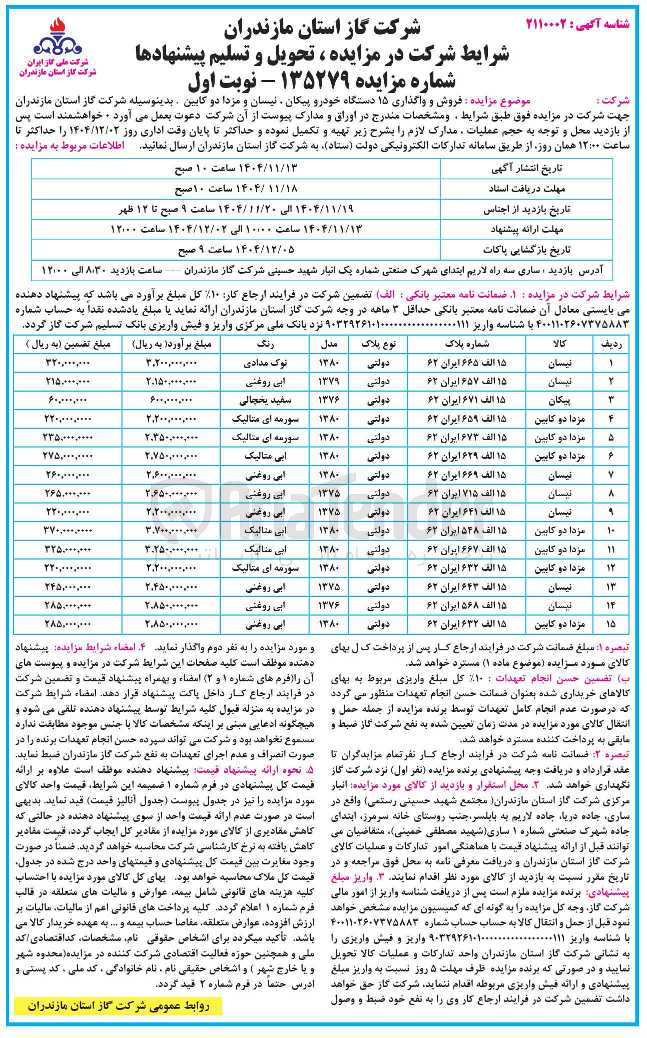 تصویر کوچک آگهی فروش و واگذاری ۱۵ دستگاه خودرو پیکان نیسان و مزدا دو کابین