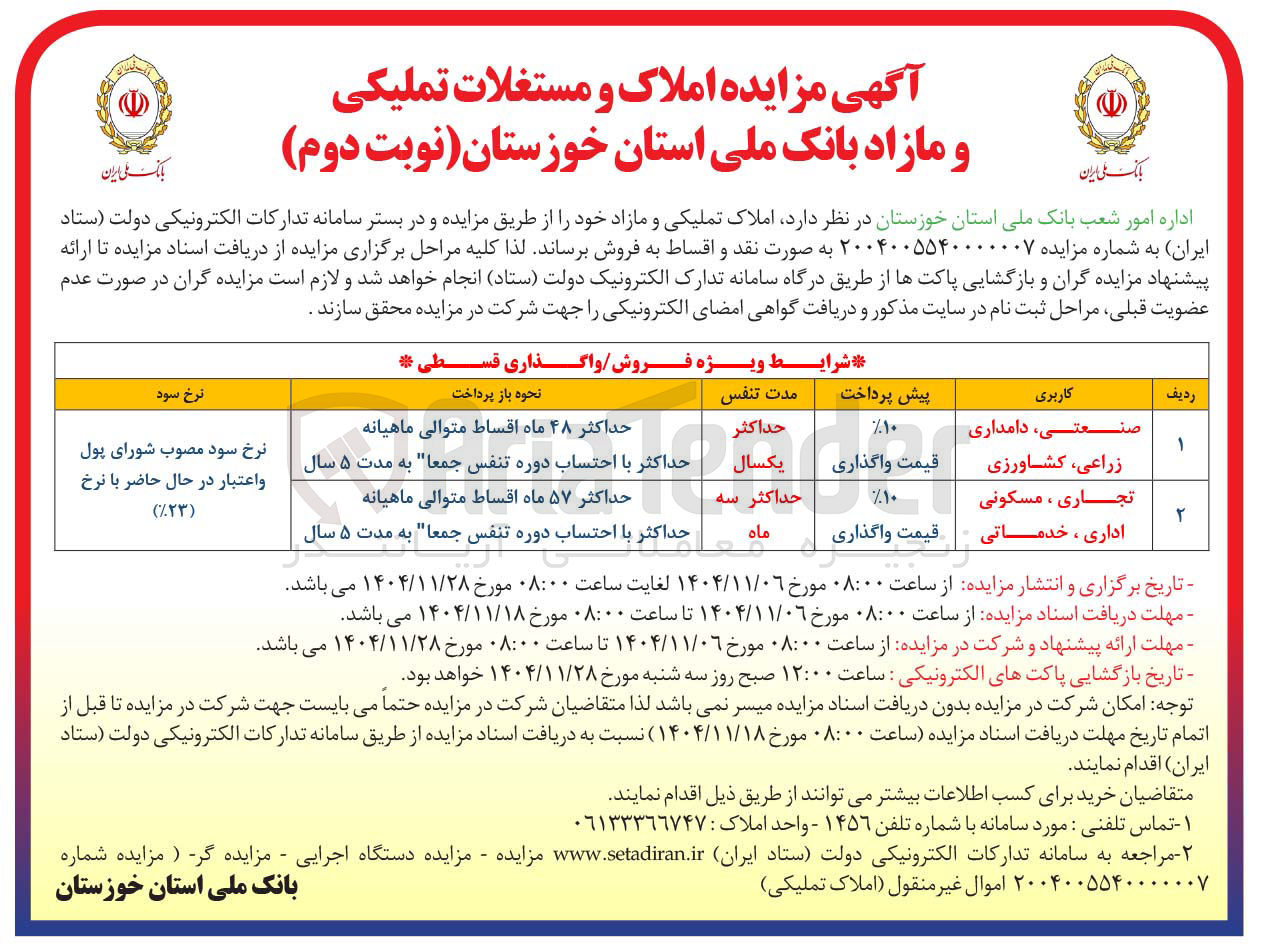 تصویر کوچک آگهی  املاک و مستغلات تملیکی و مازاد