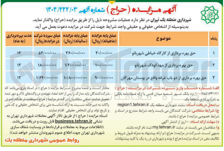 تصویر کوچک آگهی  حق بهره برداری از مهد کودک