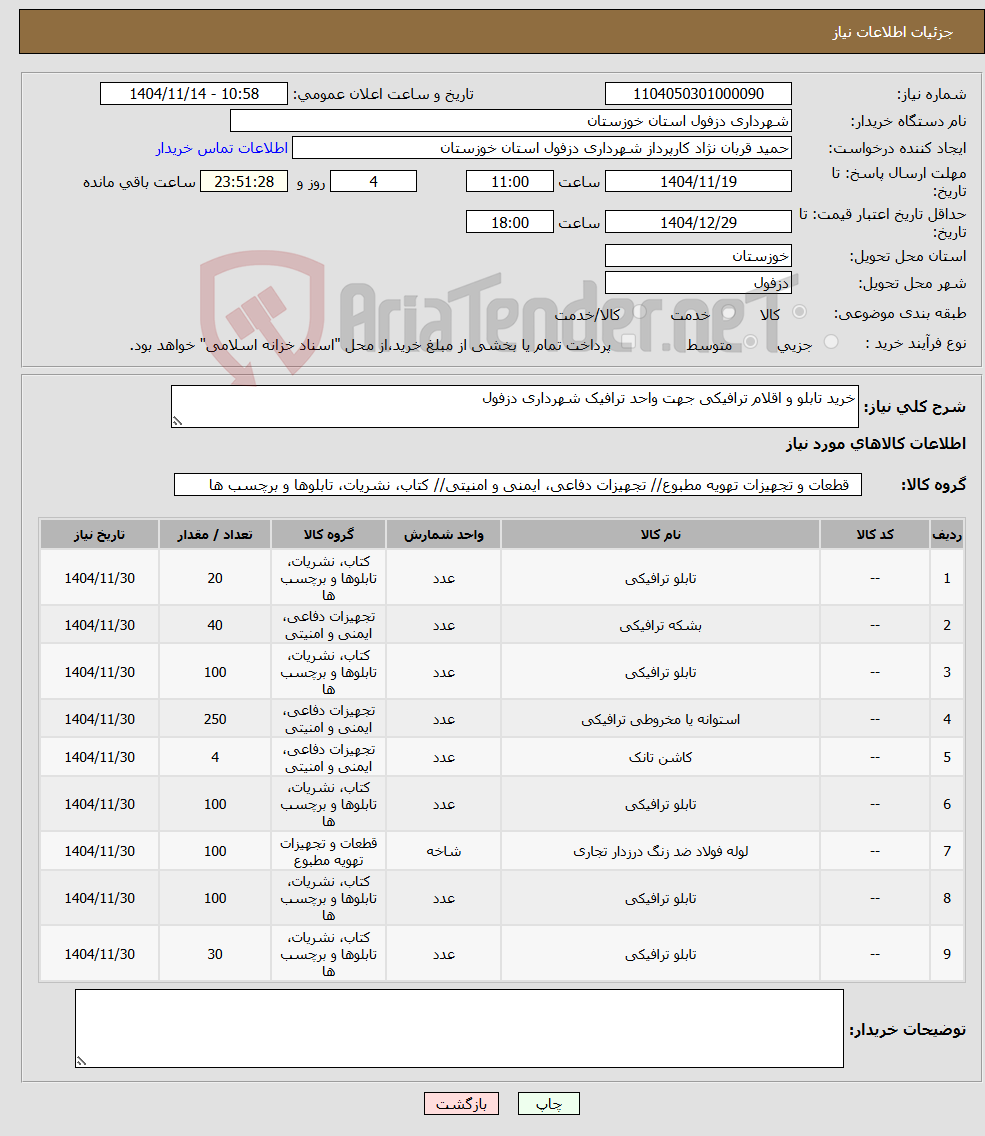 تصویر کوچک آگهی نیاز کالا-خرید تابلو و اقلام ترافیکی جهت واحد ترافیک شهرداری دزفول