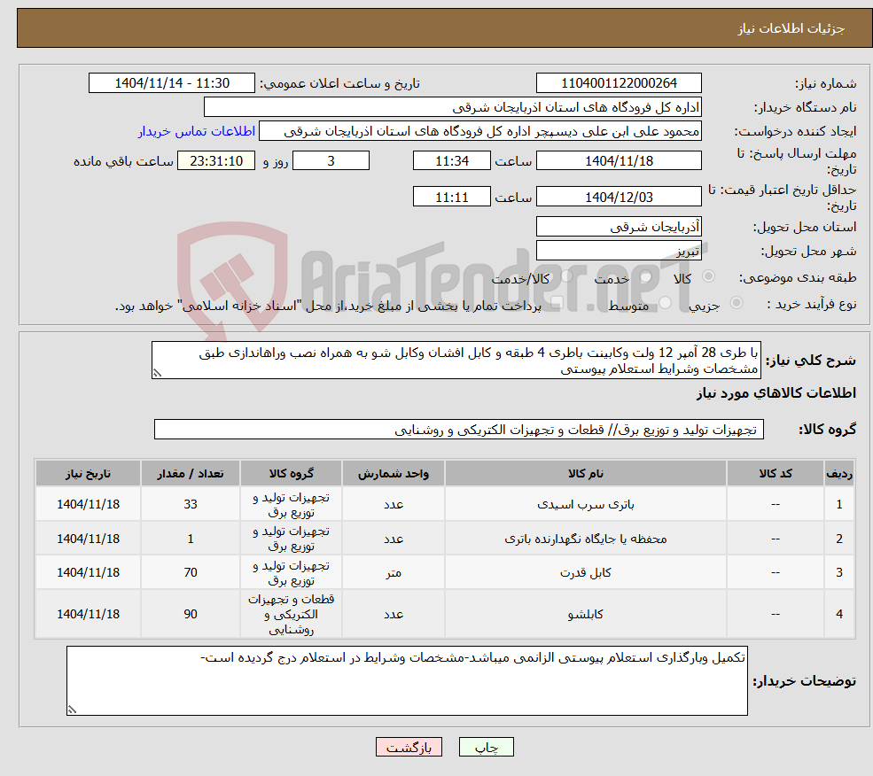 تصویر کوچک آگهی نیاز کالا-با طری 28 آمپر 12 ولت وکابینت باطری 4 طبقه و کابل افشان وکابل شو به همراه نصب وراهاندازی طبق مشخصات وشرایط استعلام پیوستی 
