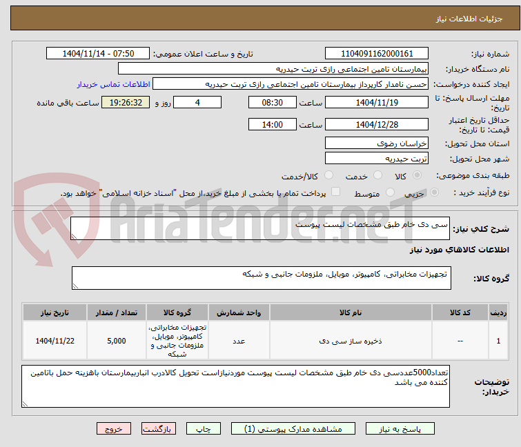 تصویر کوچک آگهی سی دی خام طبق مشخصات لیست پیوست