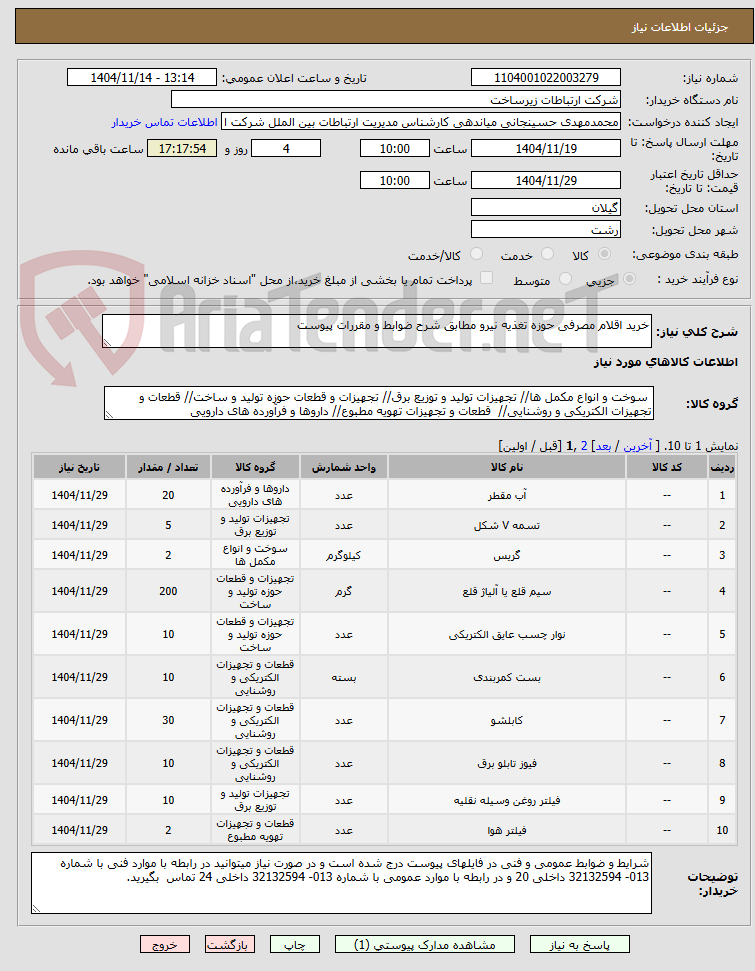 تصویر کوچک آگهی خرید اقلام مصرفی حوزه تغذیه نیرو مطابق شرح ضوابط و مقررات پیوست
