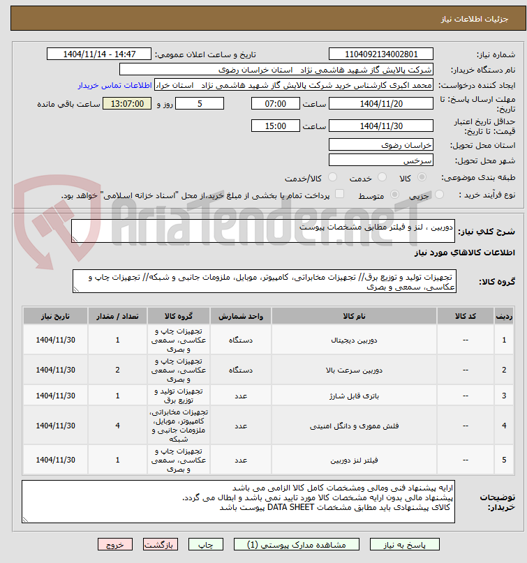 تصویر کوچک آگهی دوربین ، لنز و فیلتر مطابق مشخصات پیوست