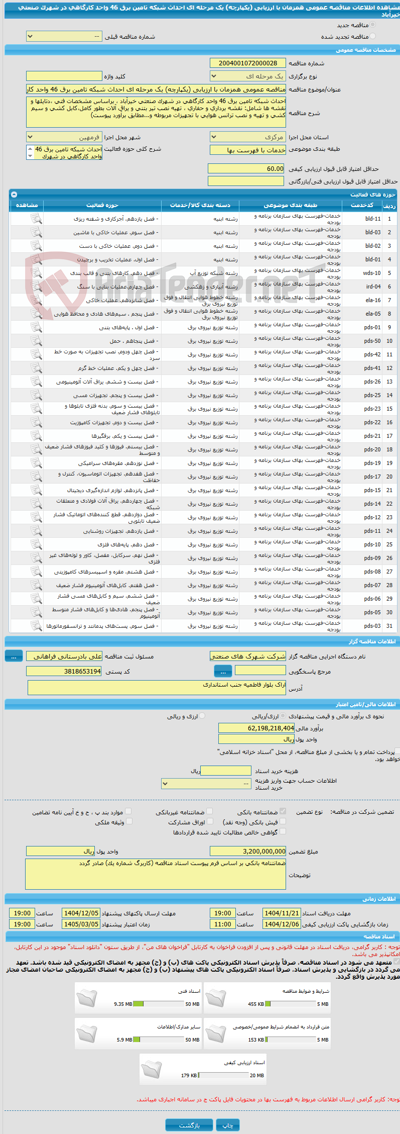 تصویر کوچک آگهی مناقصه عمومی همزمان با ارزیابی (یکپارچه) یک مرحله ای احداث شبکه تامین برق 46 واحد کارگاهی در شهرک صنعتی خیرآباد
