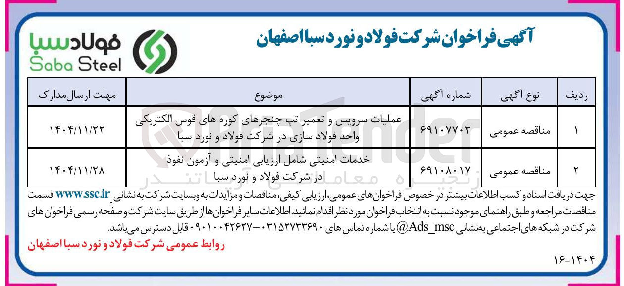 تصویر کوچک آگهی عملیات سرویس و تعمیر تپ چنجرهای کوره های قوس الکتریکی واحد فولاد سازی 