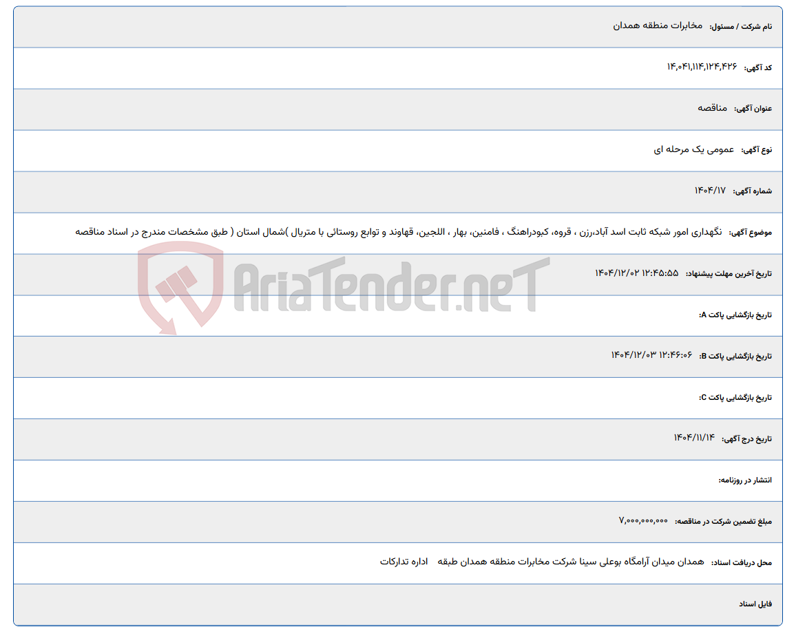 تصویر کوچک آگهی نگهداری امور شبکه ثابت اسد آباد،رزن ، قروه، کبودراهنگ ، فامنین، بهار ، اللجین، قهاوند و توابع روستائی با متریال )شمال استان ( طبق مشخصات مندرج در اسناد مناقصه