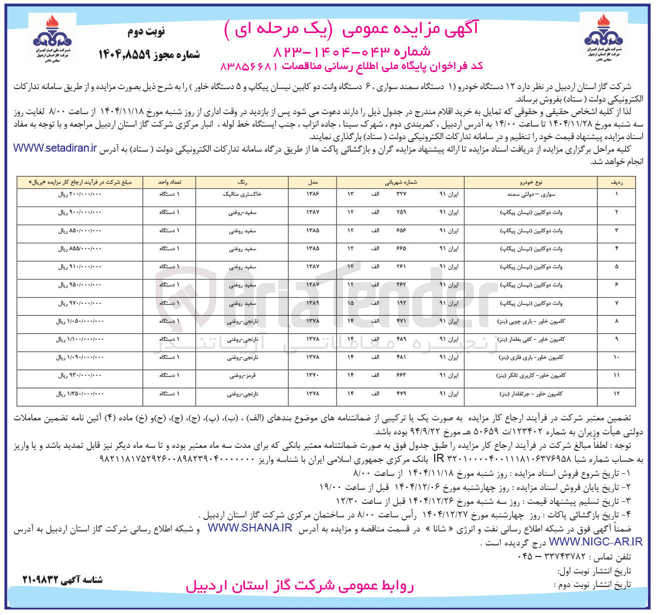 تصویر کوچک آگهی فروش ۱۲ دستگاه خودرو