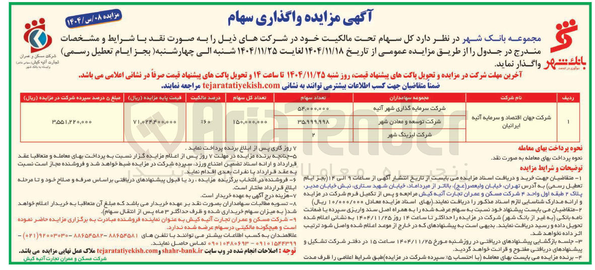 تصویر کوچک آگهی فروش سهام