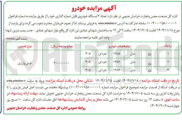 تصویر کوچک آگهی فروش تعداد ۳ دستگاه خودروی قابل شماره گذاری 