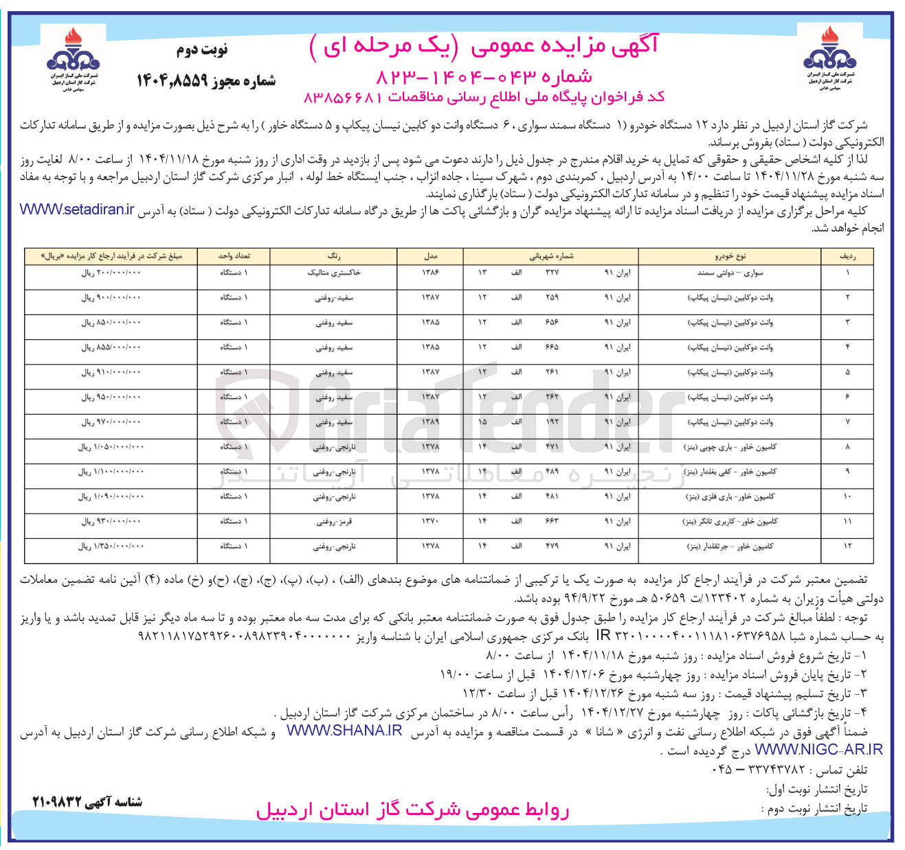 تصویر کوچک آگهی فروش ۱۲ دستگاه خودرو