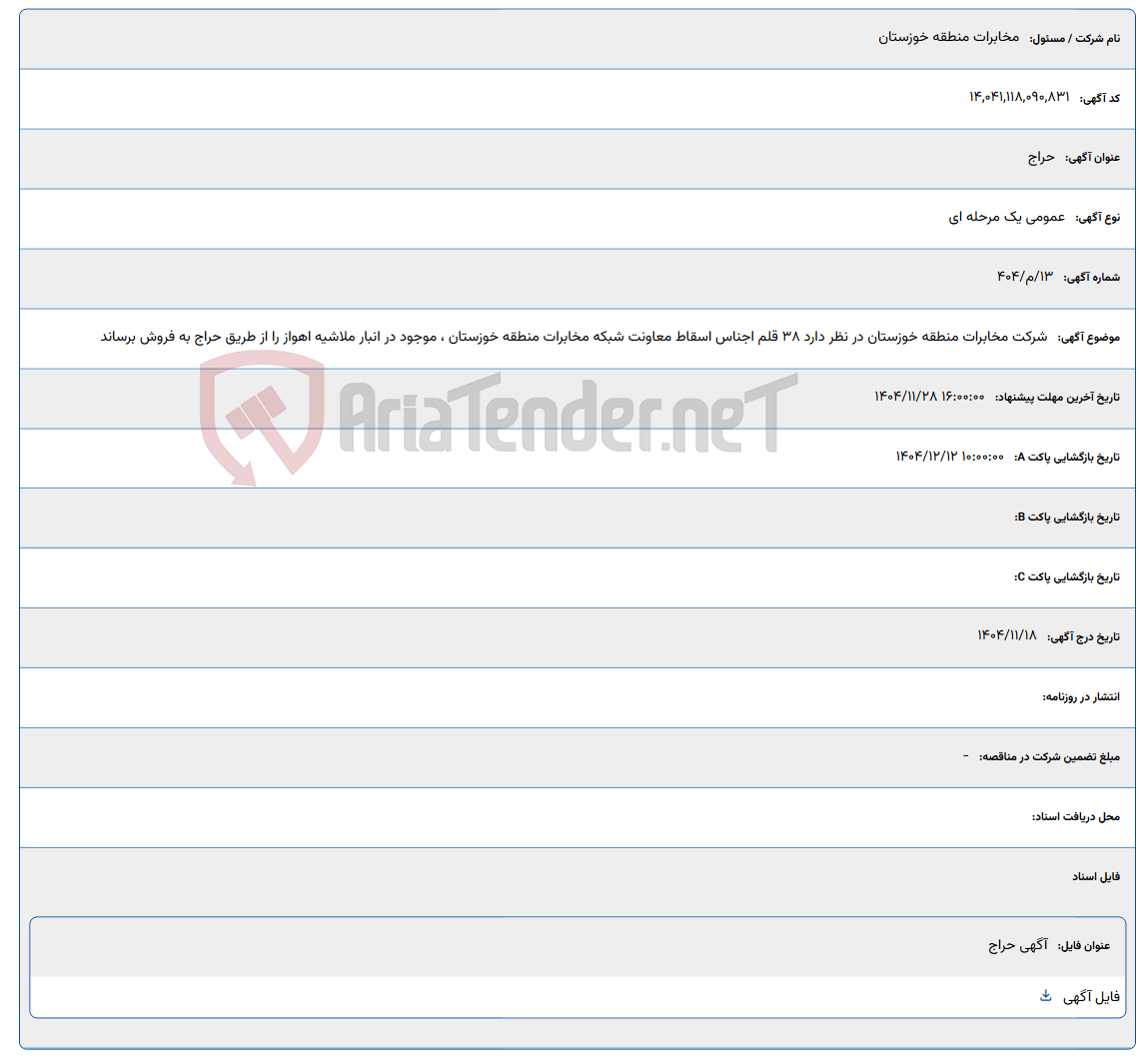 تصویر کوچک آگهی شرکت مخابرات منطقه خوزستان در ﻧﻈﺮ دارد 38 قلم اجناس اسقاط معاونت شبکه مخابرات منطقه خوزستان ، موجود در انبار ملاشیه اهواز را از ﻃﺮﯾﻖ ﺣﺮاج ﺑﻪ ﻓﺮوش ﺑﺮﺳﺎﻧﺪ