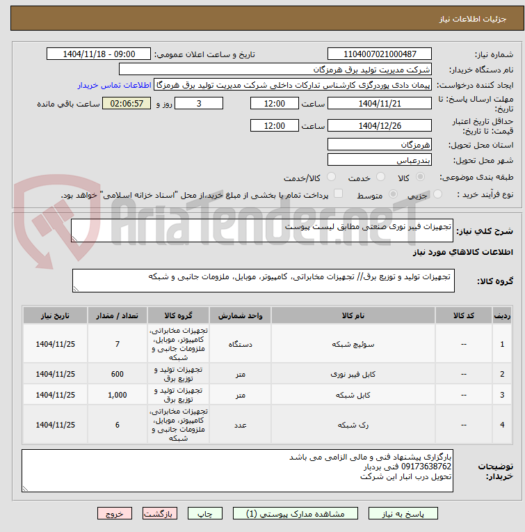 تصویر کوچک آگهی تجهیزات فیبر نوری صنعتی مطابق لیست پیوست 
