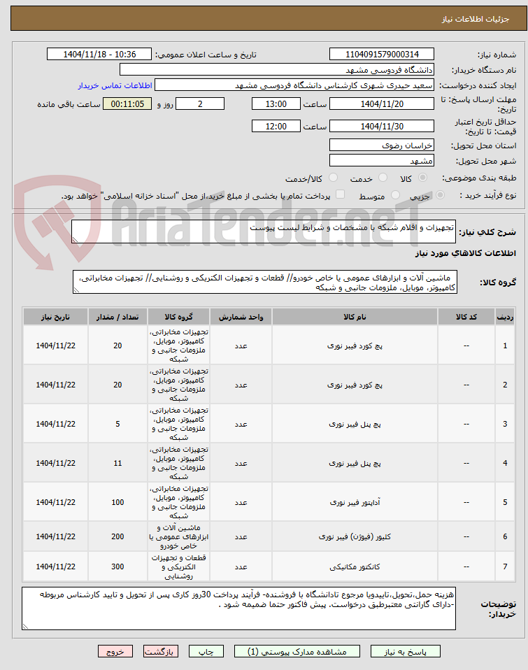 تصویر کوچک آگهی تجهیزات و اقلام شبکه با مشخصات و شرایط لیست پیوست