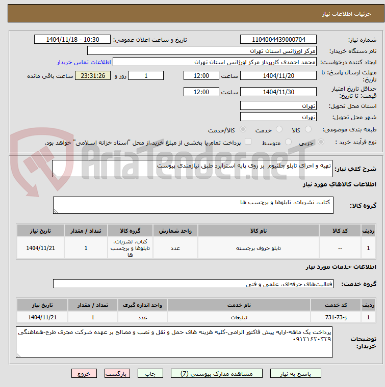 تصویر کوچک آگهی تهیه و اجرای تابلو چلنیوم  بر روی پایه استرابرد طبق نیازمندی پیوست