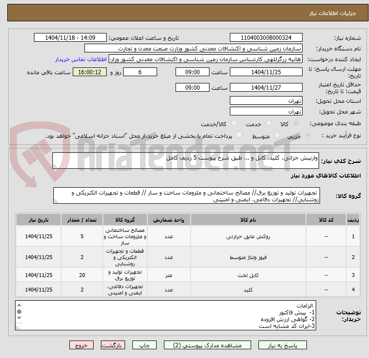 تصویر کوچک آگهی وارنیش حراتی، کلید، کابل و ... طبق شرح پیوست 5 ردیف کامل