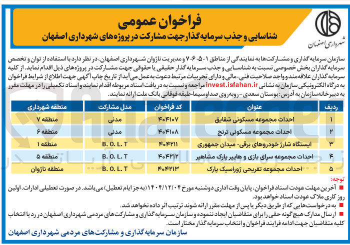 تصویر کوچک آگهی شناسایی و جذب سرمایه گذار جهت مشارکت در پروژه احداث مجموعه سرای بازی و هایپر B.O.L.T