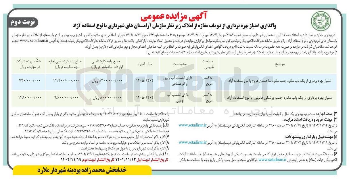 تصویر کوچک آگهی واگذاری امتیاز بهره برداری از دو باب مغازه