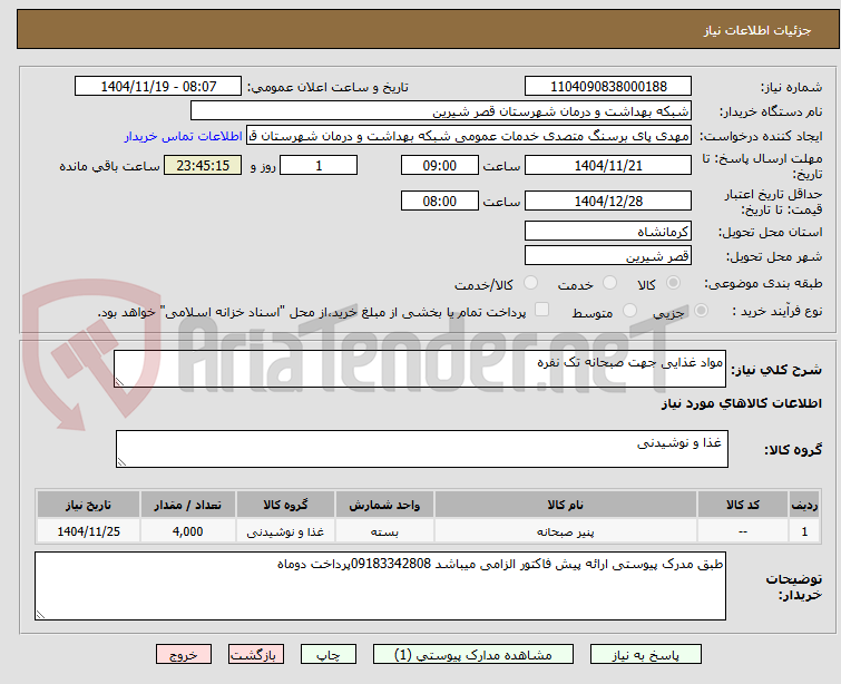 تصویر کوچک آگهی مواد غذایی جهت صبحانه تک نفره