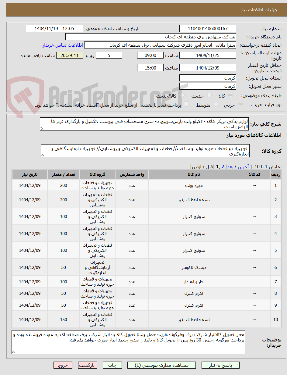 تصویر کوچک آگهی لوازم یدکی بریکر های ۲۰کیلو ولت پارسسوییچ به شرح مشخصات فنی پیوست ،تکمیل و بارگذاری فرم ها الزامی است.
