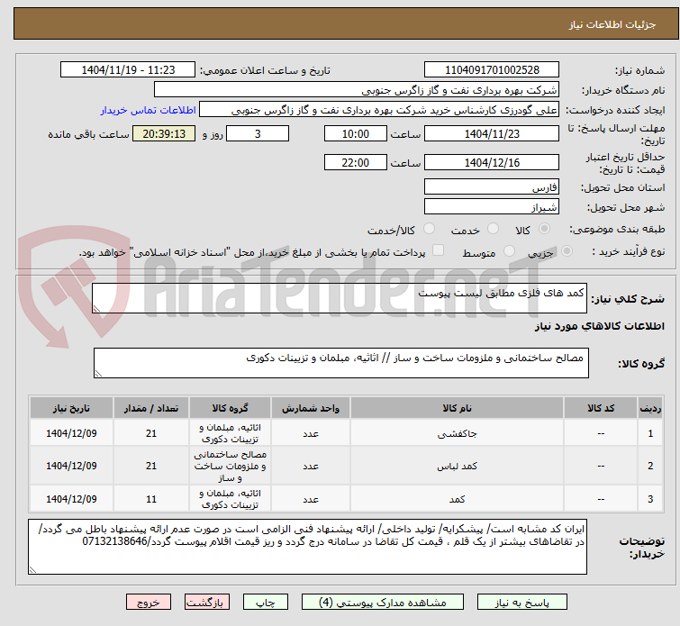 تصویر کوچک آگهی کمد های فلزی مطابق لیست پیوست