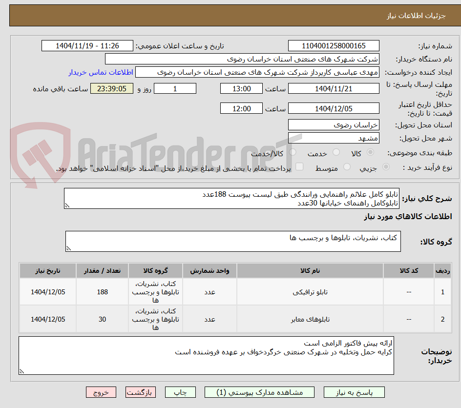 تصویر کوچک آگهی تابلو کامل علائم راهنمایی ورانندگی طبق لیست پیوست 188عدد
تابلوکامل راهنمای خیابانها 30عدد