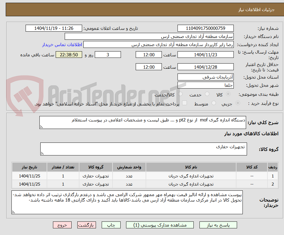 تصویر کوچک آگهی دستگاه اندازه گیری mof  از نوع pt2 و ... طبق لیست و مشخصات اعلامی در پیوست استعلام