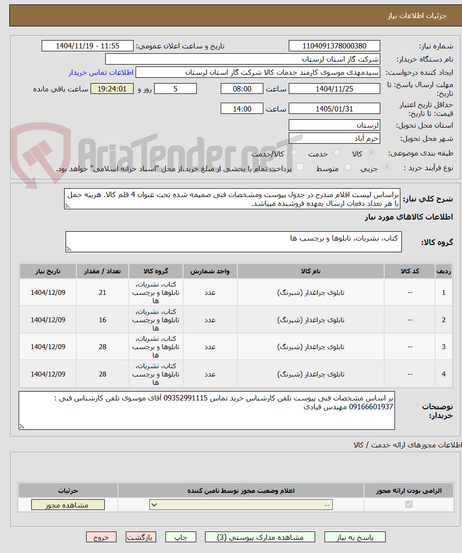تصویر کوچک آگهی براساس لیست اقلام مندرج در جدول پیوست ومشخصات فنی ضمیمه شده تحت عنوان 4 قلم کالا. هزینه حمل با هر تعداد دفعات ارسال بعهده فروشنده میباشد.