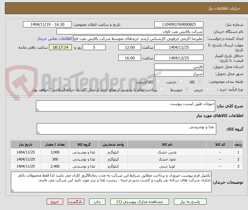 تصویر کوچک آگهی حبوبات طبق لیست پیوست