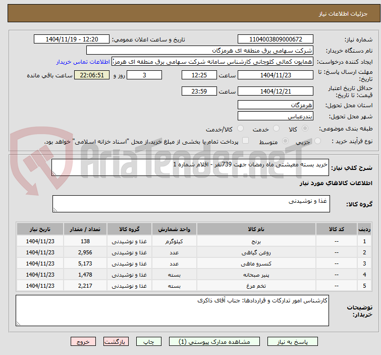 تصویر کوچک آگهی خرید بسته معیشتی ماه رمضان جهت 739نفر - اقلام شماره 1