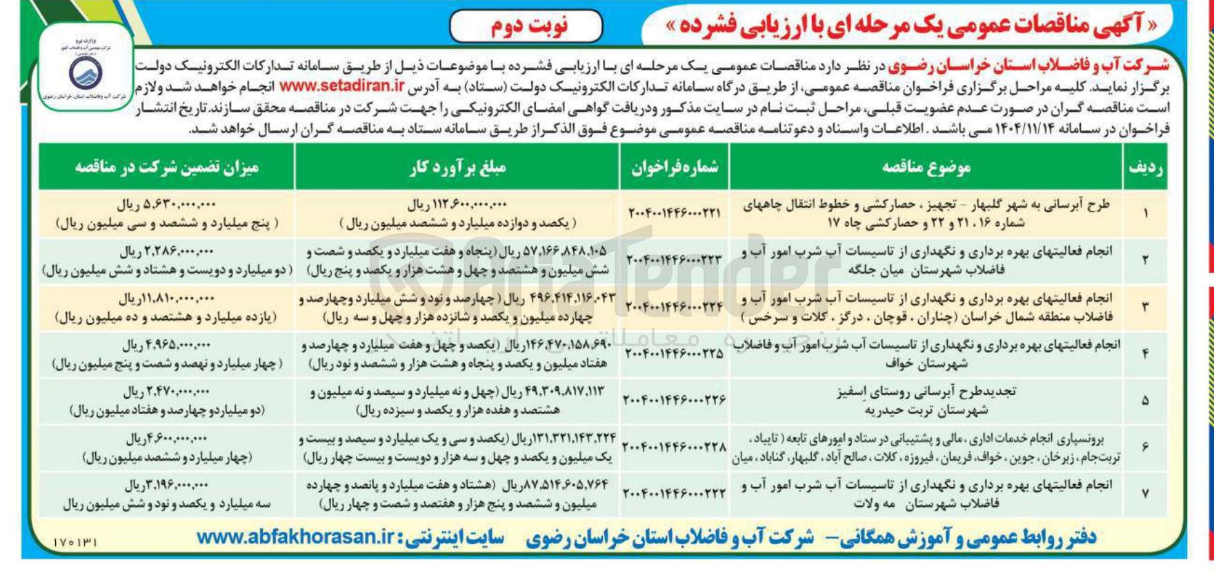 تصویر کوچک آگهی انجام فعالیتهای بهره برداری و نگهداری از تاسیسات آب شرب