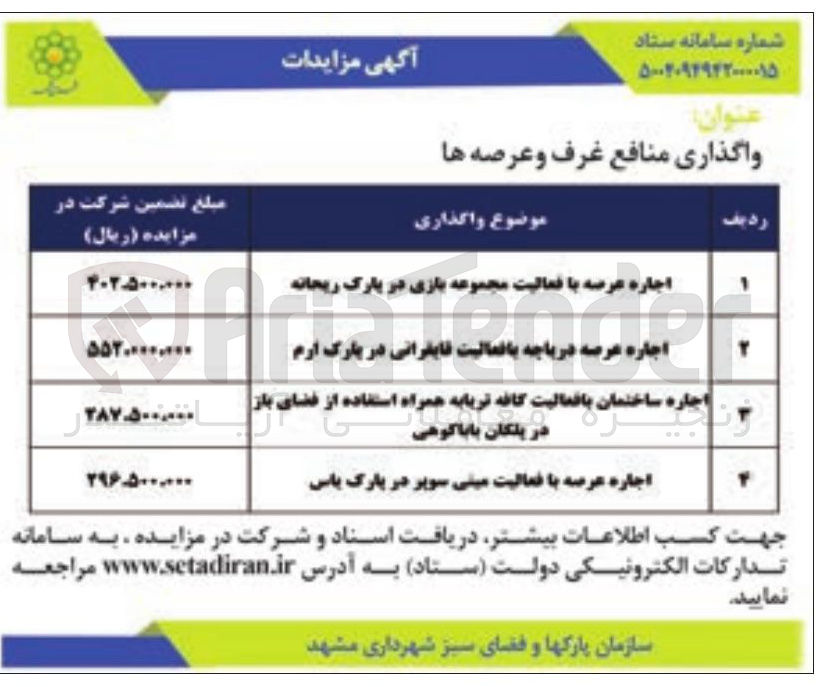 تصویر کوچک آگهی واگذاری منافع غرف و عرصه ها