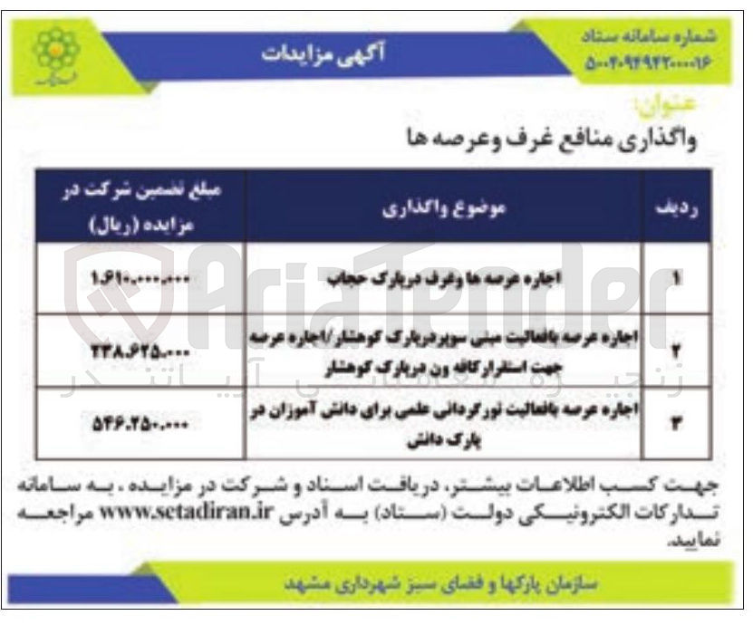 تصویر کوچک آگهی واگذاری منافع غرف و عرصه ها