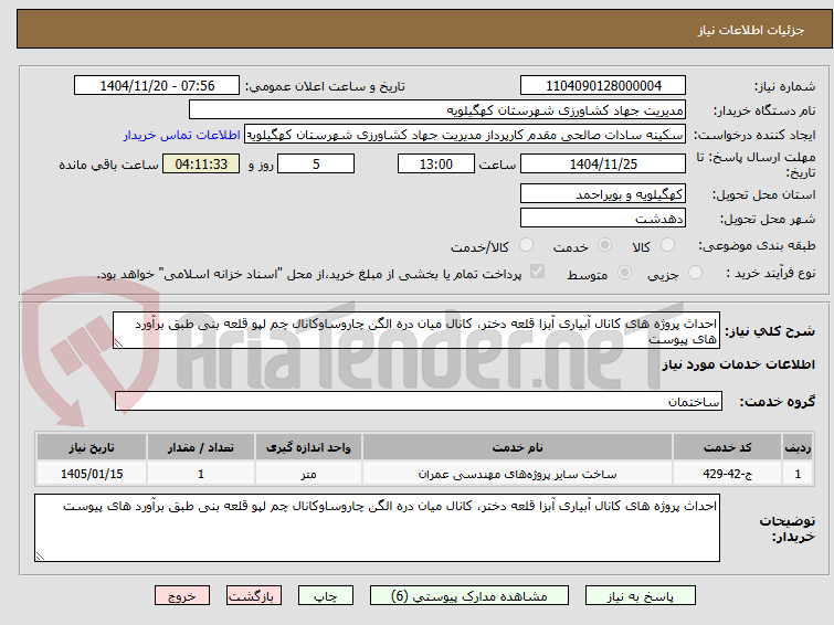 تصویر کوچک آگهی احداث پروژه های کانال آبیاری آبزا قلعه دختر، کانال میان دره الگن چاروساوکانال چم لپو قلعه بنی طبق برآورد های پیوست