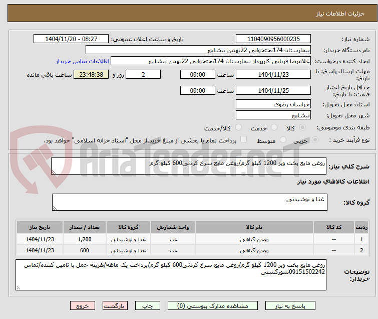 تصویر کوچک آگهی روغن مایع پخت وپز 1200 کیلو گرم/روغن مایع سرخ کردنی600 کیلو گرم