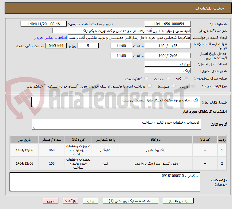 تصویر کوچک آگهی رنگ و حلال پروژه مخزن انحلال طبق لیست پیوست