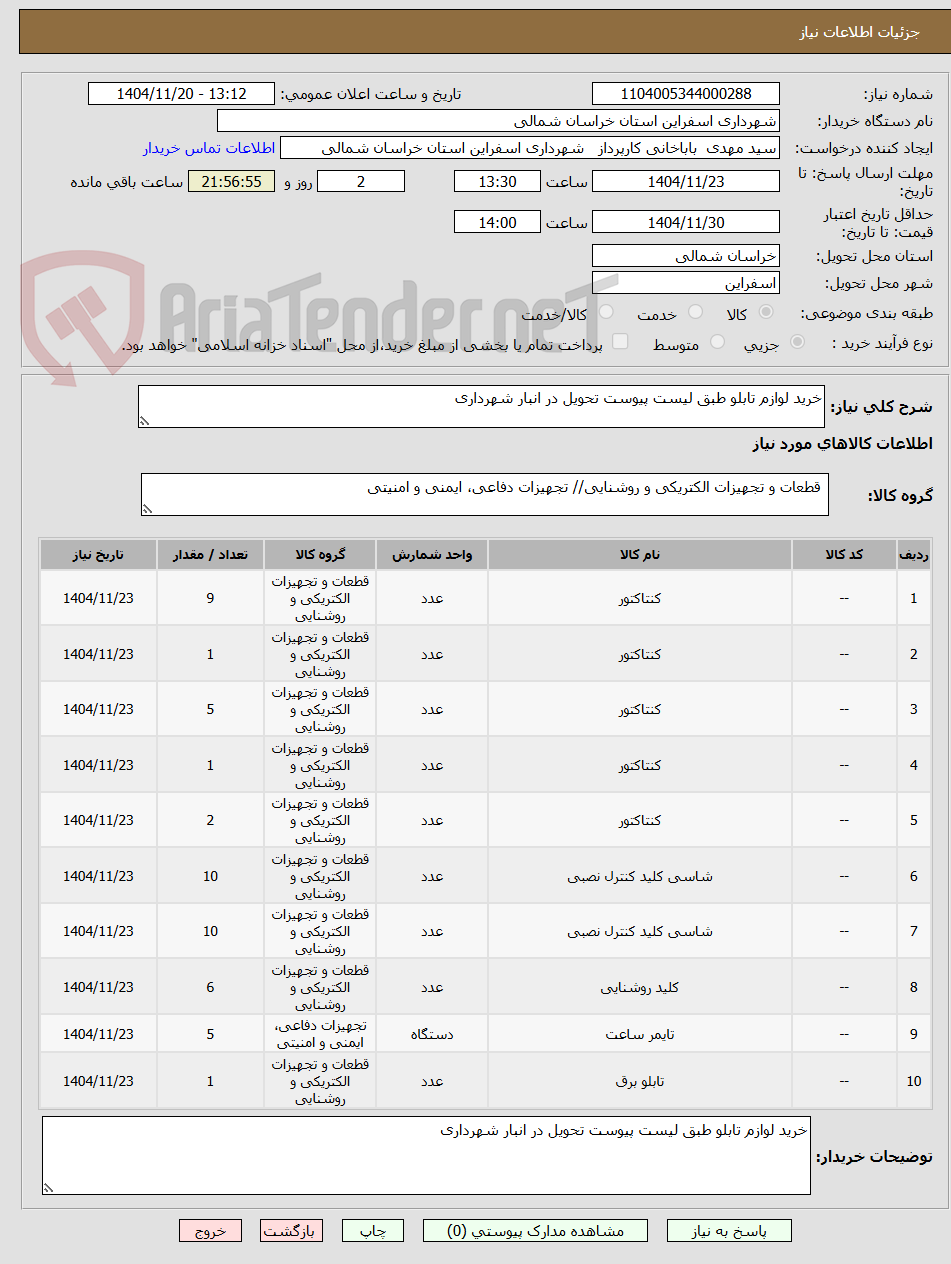 تصویر کوچک آگهی خرید لوازم تابلو طبق لیست پیوست تحویل در انبار شهرداری 