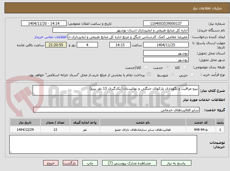 نیرو مراقبت و نگهداری پارکهای جنگلی و نهالستان (بکارگیری 13 نفر نیرو)